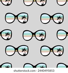 Pattern of sunglasses with palm trees. Retro pattern. Seamless illustration of a summer vibe. Seamless illustration for printing on textiles, a blank for a designer