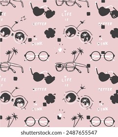 Pattern of sunglasses with palm trees. Retro pattern. Seamless illustration of a summer vibe. Seamless illustration for printing on textiles, a blank for a designer