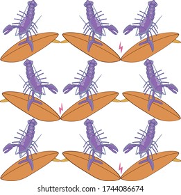 pattern surfing purple lobster on a yellow surfboard and a red lightning