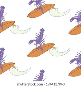 pattern surfing purple lobster on a yellow surfboard  