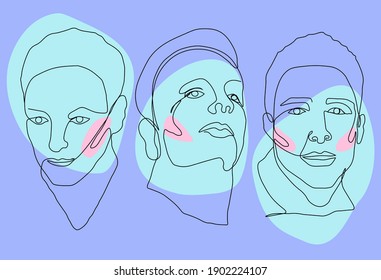 Pattern of surreal faces of men. One line. People's faces. Vector illustration for websites, web design, print.