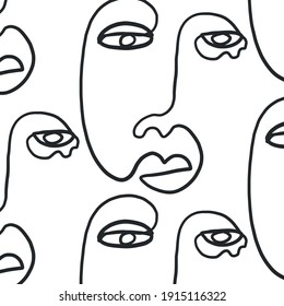 Pattern with Surreal faces. One line drawing. Abstract face drawn by Cubist artist in monochrome minimalism style. Vector design for print, decor, poster, pattern, ornament for clothes. 