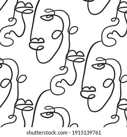Pattern with Surreal faces. One line drawing. Abstract face drawn by Cubist artist in monochrome minimalism style. Vector design for print, decor, poster, pattern, ornament for clothes. 