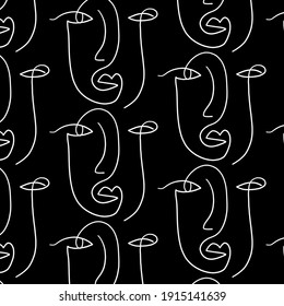 Pattern with Surreal faces. One line drawing. Abstract face drawn by Cubist artist in monochrome minimalism style. Vector design for print, decor, poster, pattern, ornament for clothes. 