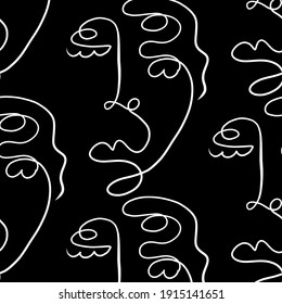 Pattern with Surreal faces. One line drawing. Abstract face drawn by Cubist artist in monochrome minimalism style. Vector design for print, decor, poster, pattern, ornament for clothes. 
