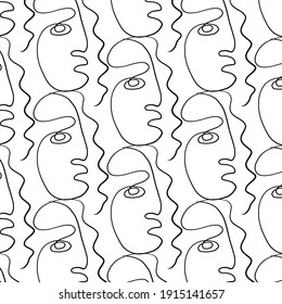 Pattern with Surreal faces. One line drawing. Abstract face drawn by Cubist artist in monochrome minimalism style. Vector design for print, decor, poster, pattern, ornament for clothes. 
