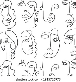 Pattern with Surreal faces. One line drawing. Abstract face drawn by Cubist artist in monochrome minimalism style. Vector design for print, decor, poster, pattern, ornament for clothes. 