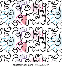 Pattern with Surreal faces. One line drawing. Abstract face drawn by Cubist artist in monochrome minimalism style. Vector design for print, decor, poster, pattern, ornament for clothes. 