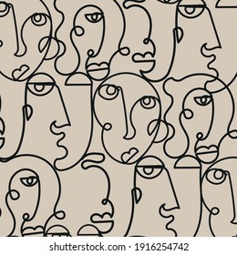 Pattern with Surreal faces. One line drawing. Abstract face drawn by Cubist artist in monochrome minimalism style. Vector design for print, decor, poster, pattern, ornament for clothes. 