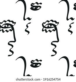 Pattern with Surreal faces. One line drawing. Abstract face drawn by Cubist artist in monochrome minimalism style. Vector design for print, decor, poster, pattern, ornament for clothes. 