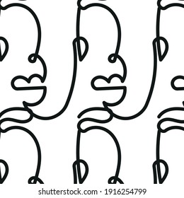 Pattern with Surreal faces. One line drawing. Abstract face drawn by Cubist artist in monochrome minimalism style. Vector design for print, decor, poster, pattern, ornament for clothes. 