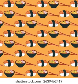 Pattern of sushi, ramen bowls, and chopsticks on an orange background creates a food design.