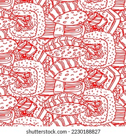 Pattern sushi roll vector illustration. Roll cartoon set. Japanese food vector isolated on white background. Asian food vector illustration. Pattern for textile with asian food