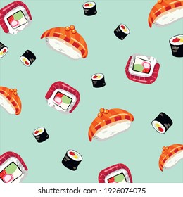 Pattern with sushi and rolls elements, salmon and tuna