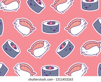 Pattern of sushi rolls and shrimp sushi with cute kawaii face expressions. Handmade in doodle style - Vector EPS