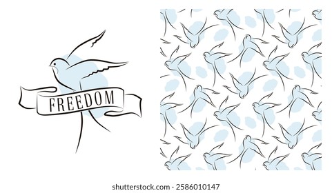Pattern with swallow in flight and bright watercolor spot. Vector outline of flying swallow. Bird in flight isolated on white background.