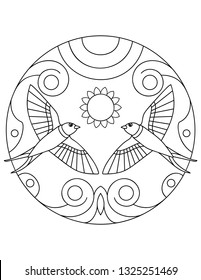 Pattern with Swallow. Illustration with a swallows. Mandala with an animal.  Swallow in a circular frame. Coloring page for kids and adults.