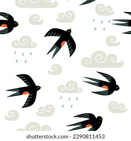 pattern with swallows and clouds in flat style. hand drawn vector illustration.