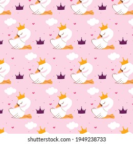 Сute pattern with swan and crown girly on pink background