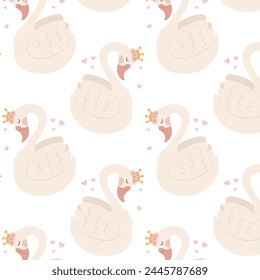 Pattern of a swan in a crown on a transparent background. Swan princess in flat style. Seamless pattern for textile, wrapping paper, background.