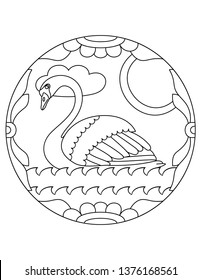 Pattern with swan. Illustration with a swan. Mandala with an animal. Swan in a circular frame. Coloring page for kids and adults.