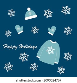 Patrón con suéter y copos de nieve sobre fondo azul. Ilustración del vector