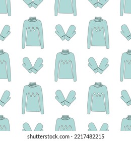 pattern of sweaters and mittens in line art style for gift wrapping, wrapping paper