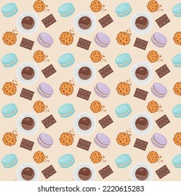 pattern with sweet cookies, chocolate and macarons