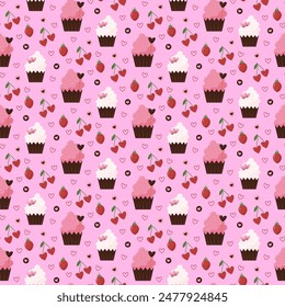 Patrón con pastelitos dulces y fresas. Muffins esponjosos con crema. Dulces para las fiestas. Fondo rosa. Ilustración vectorial