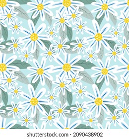 Patrón Daisy Daisy Flores y hojas sobre fondo azul brillante.