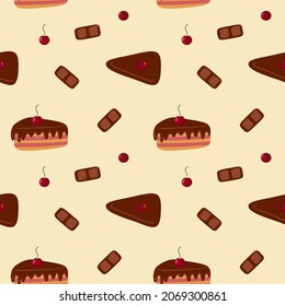 Pattern of sweet delicious cakes. Cartoon style hand drawn vector illustration. Cakes with cream, berries and chocolate. For greeting cards, restaurants and bakery menus.