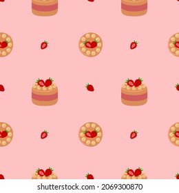 Pattern of sweet delicious cakes. Cartoon style hand drawn vector illustration. Cakes with cream, berries and chocolate. For greeting cards, restaurants and bakery menus.