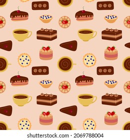 Pattern of sweet delicious cakes. Cartoon style hand drawn vector illustration. Cakes with cream, berries and chocolate. For greeting cards, restaurants and bakery menus.