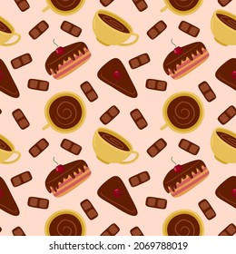 Pattern of sweet delicious cakes. Cartoon style hand drawn vector illustration. Cakes with cream, berries and chocolate. For greeting cards, restaurants and bakery menus.