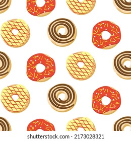 Pattern with sweet donuts. Vector illustration isolated on white background. For menus and cafes, flyers, prints and packaging, shops and markets, holidays.
