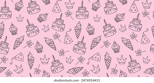 Pattern Sweet food, dessert. Birthday. Cake with candle and ice cream. Set of cute icons, cartoon holiday attributes. Drawing, doodles. Vector seamless background.