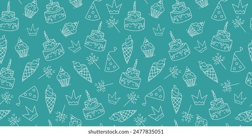 Pattern Sweet food, dessert. Birthday. Cake with candle and ice cream. Set of cute icons, cartoon holiday attributes. Drawing, doodles. Vector seamless background.