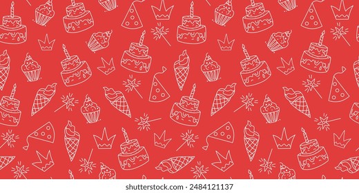 Pattern Sweet food, dessert. Birthday. Cake with candle and ice cream. Set of cute icons, cartoon holiday attributes. Drawing, doodles. Vector seamless background.