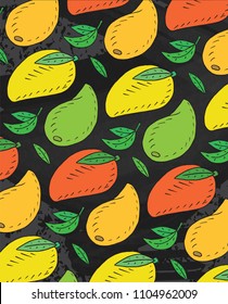 Pattern of sweet juicy mango. Summer exotic food. Beautiful hand drawn illustration of fruits on chalkboard