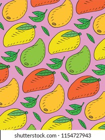 Pattern of sweet juicy mango. Summer exotic food. Beautiful hand drawn illustration of fruits