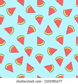 Pattern of sweet juicy pieces watermelon, slices with seed Vector background, illustration hand drawn