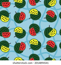 Patrón de piezas jugosas dulces sandía, rodajas de sandía con semilla Fondo vectorial. Patrón de repetición moderno con sandía