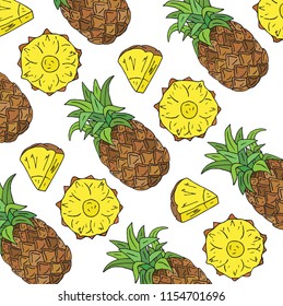 Pattern of sweet juicy pineapple. Summer exotic food. Beautiful hand drawn illustration of fruits