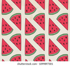 Pattern of sweet juicy watermelon seamless pattern. Summer exotic food. Beautiful hand drawn illustration of 
fruits.