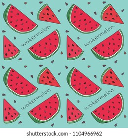 Pattern of sweet juicy watermelon seamless pattern. Summer exotic food. Beautiful hand drawn illustration of fruits