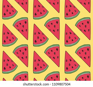 Pattern of sweet juicy watermelon seamless pattern. Summer exotic food. Beautiful hand drawn illustration of fruits 
