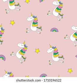 
Pattern - sweet magical unicorn pony. On a pink background with a rainbow and stars