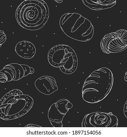 Pattern with sweet pastries. Croissants, buns, doughnuts, pretzels. Vector illustration. White outline on a black background.