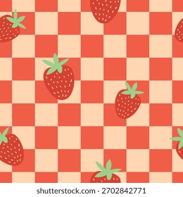 Un patrón de fresas dulces sobre un fondo a cuadros. Diseño sin costuras para tela, envoltura de regalo o picnics de verano. Estilo plano.