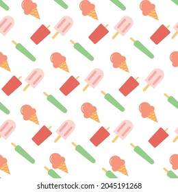 Pattern, Sweet summer delicacy sundaes,gelatos with different collection isolated ice-cream cones and popsicle with different topping.Vector illustration for web,design, print.